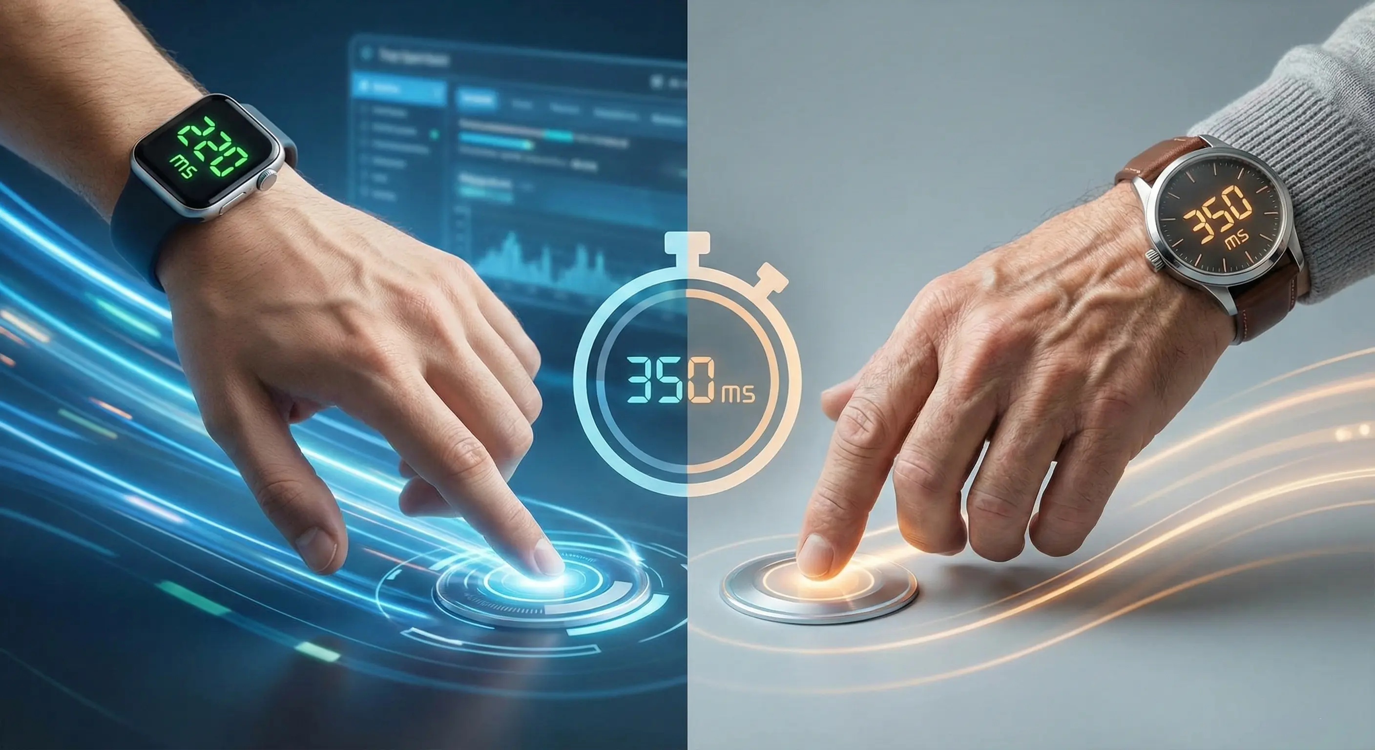 Comparison of reaction times across ages - young hand showing 220ms reaction time versus older hand showing 350ms, illustrating age-related decline in response speed