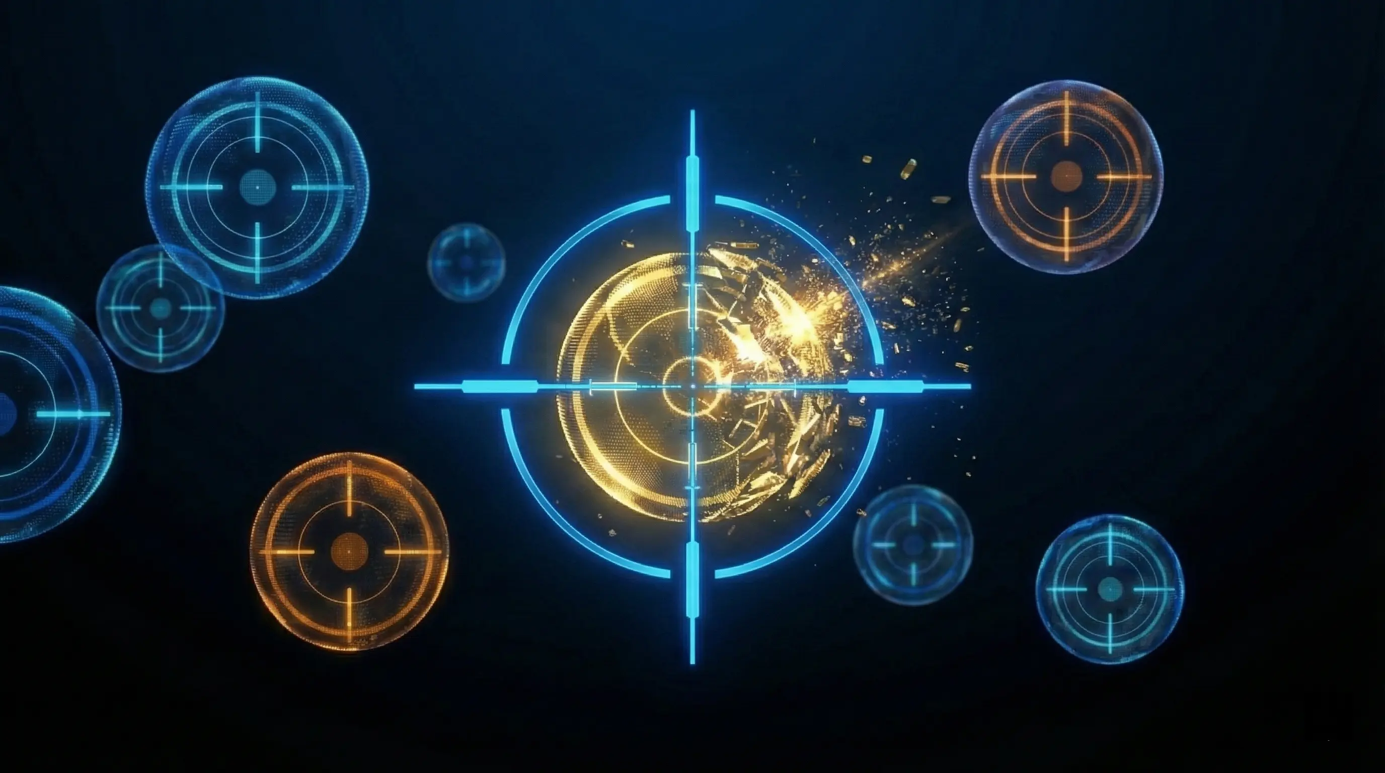 Multiple aim training targets with crosshairs showing progressive difficulty and a golden impact effect on the center target representing successful improvement
