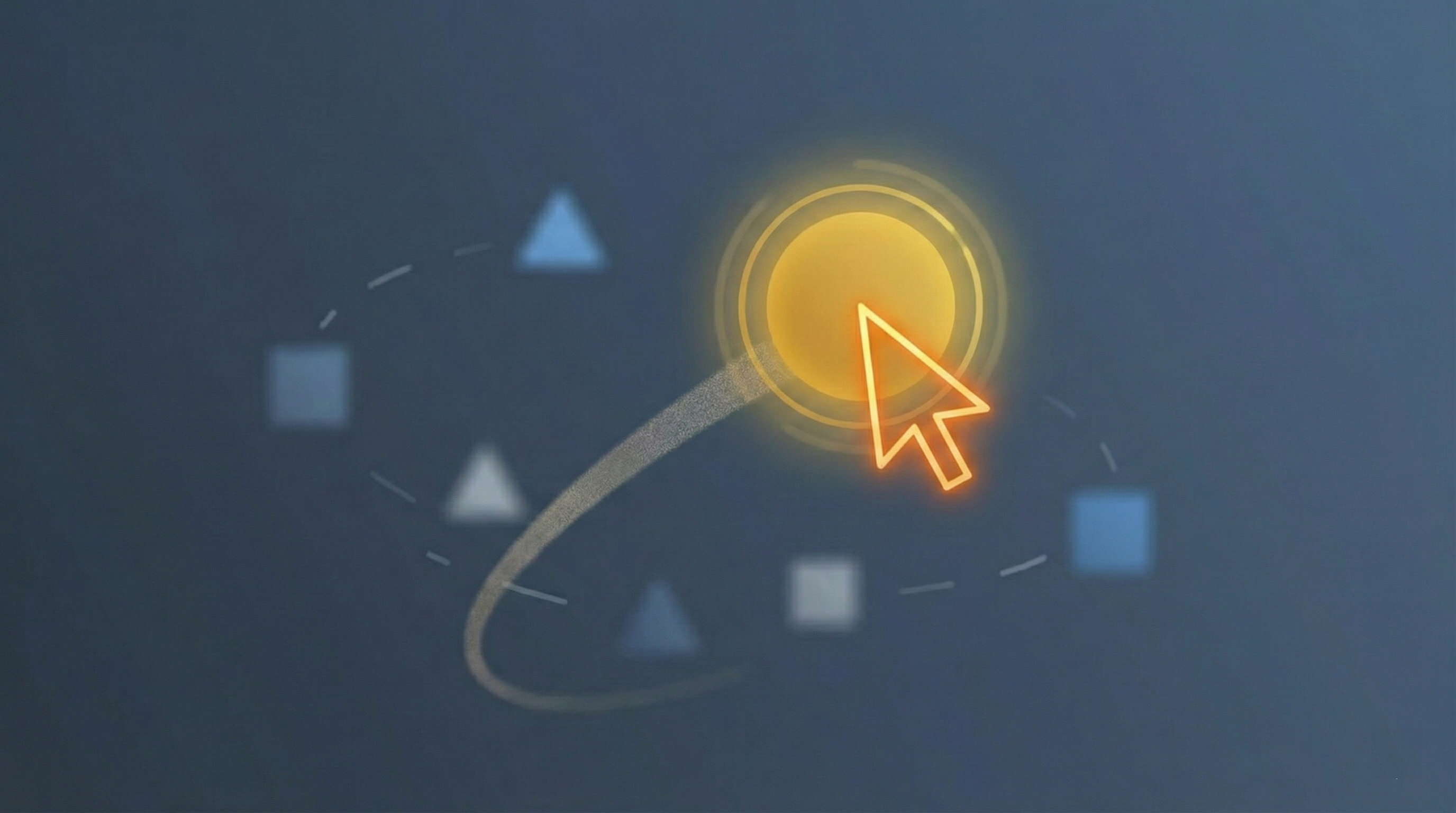 Cursor selecting a highlighted golden target among multiple blurred distractor shapes, illustrating selective attention and target filtering in multi-target training