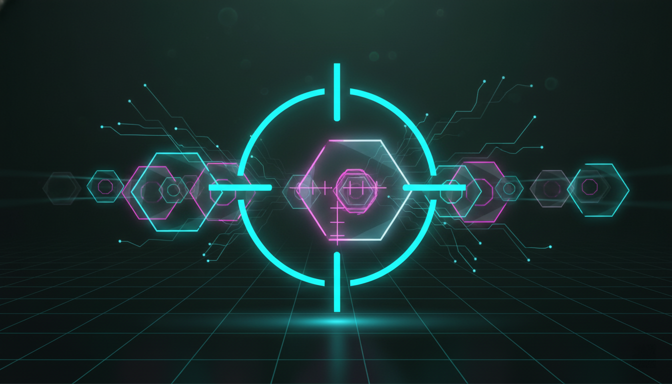 FPS crosshair with multiple hexagonal targets in a stylized gaming environment