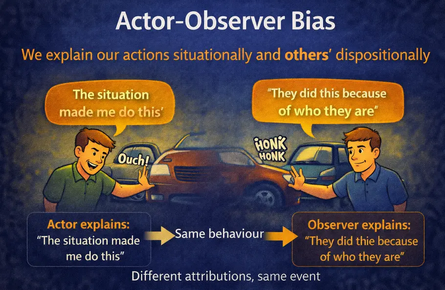 Diagram showing the actor-observer bias: the same behaviour produces two different attributions — the actor explains 'the situation made me do this' while the observer explains 'they did this because of who they are' — different attributions, same event