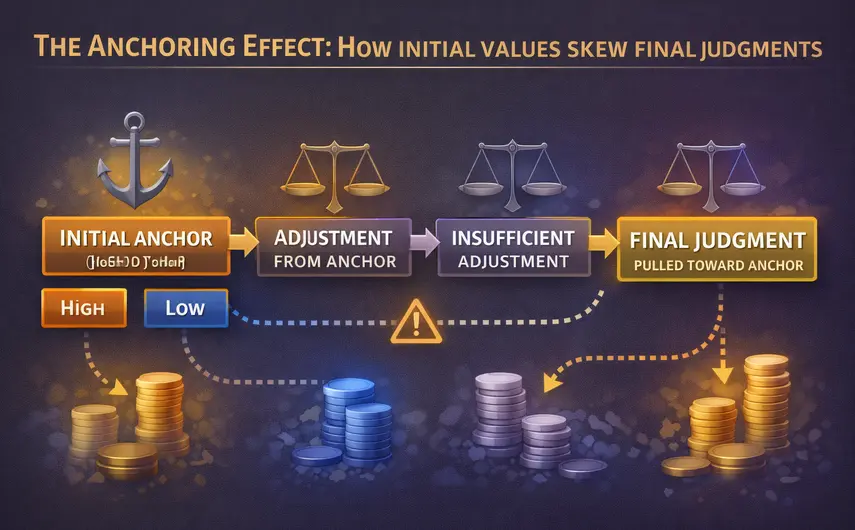Diagram showing the anchoring effect: Initial Anchor leads to Adjustment from Anchor, then Insufficient Adjustment, resulting in Final Judgment Pulled Toward Anchor