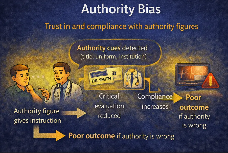 Diagram showing authority bias: an authority figure gives an instruction, authority cues such as title, uniform, and institution are detected, critical evaluation is reduced, compliance increases, leading to a poor outcome if the authority is wrong