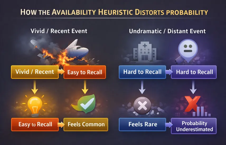 Diagram showing how vivid and recent events are easy to recall and feel common, while undramatic distant events are hard to recall and feel rare, distorting probability judgment