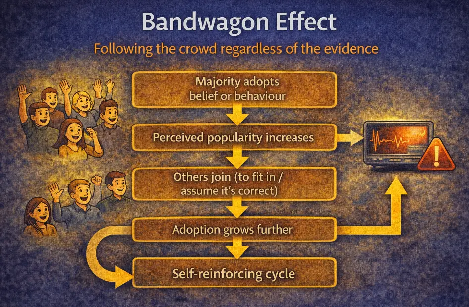 Diagram showing the bandwagon effect: majority adopts a belief or behaviour, perceived popularity increases, others join to fit in or assume it is correct, adoption grows further, creating a self-reinforcing cycle