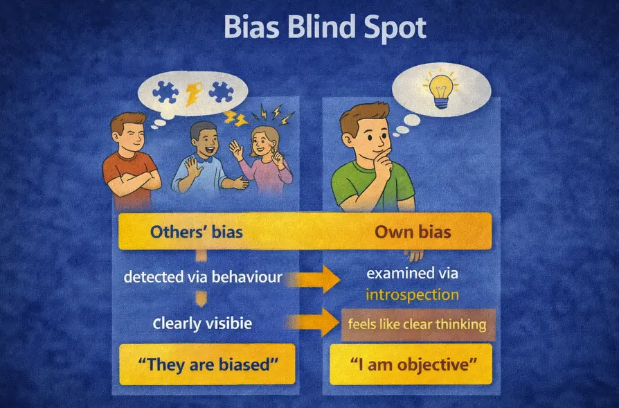 Diagram showing the bias blind spot: others' bias is detected via behaviour and is clearly visible, leading to 'they are biased'; own bias is examined via introspection and feels like clear thinking, leading to 'I am objective'