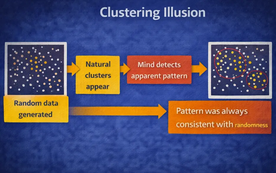 Diagram showing the clustering illusion: random data is generated, natural clusters appear, the mind detects an apparent pattern and circles the clusters, but the pattern was always consistent with randomness
