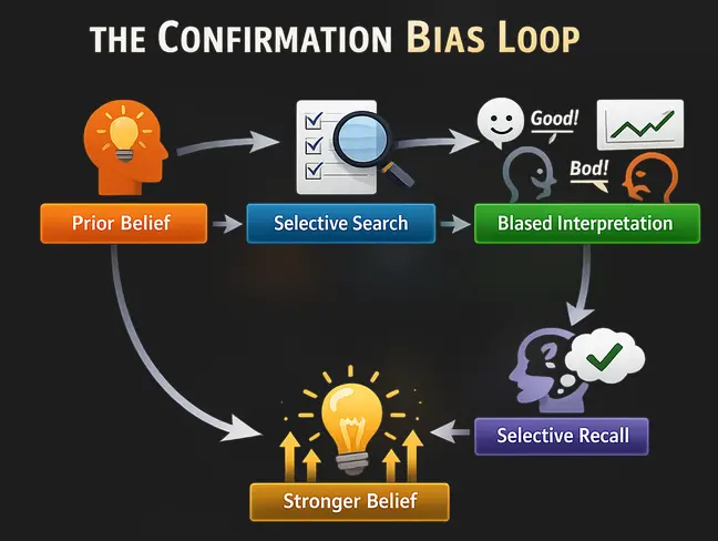 The Confirmation Bias Loop diagram showing Prior Belief leading to Selective Search, Biased Interpretation, Selective Recall, and back to Stronger Belief