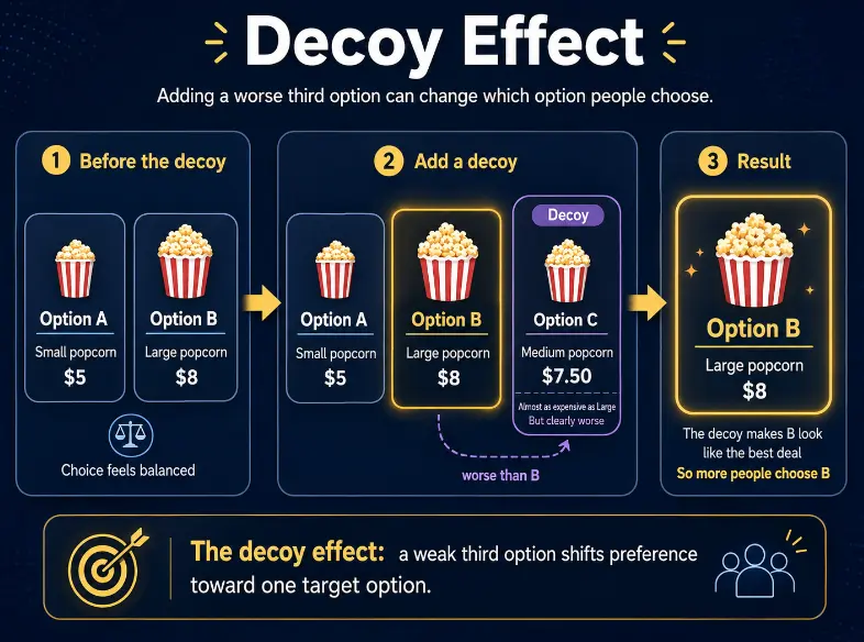 Diagram showing the decoy effect using popcorn pricing: before the decoy, small at $5 and large at $8 feel balanced; after adding a medium decoy at $7.50 that is almost as expensive as the large but clearly worse, the large becomes the obvious choice and more people choose it