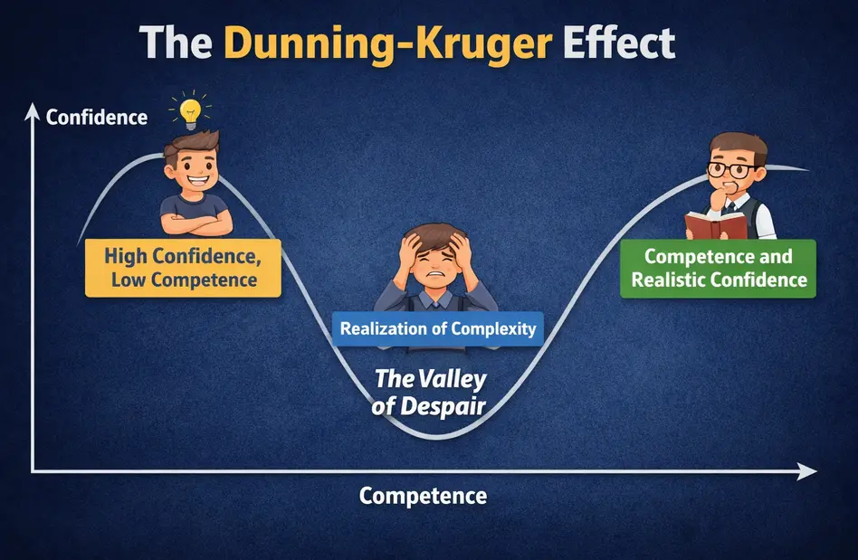 Chart showing the Dunning-Kruger effect: confidence peaks at low competence, drops into the Valley of Despair as complexity is realised, then rises again to a realistic level as genuine competence develops