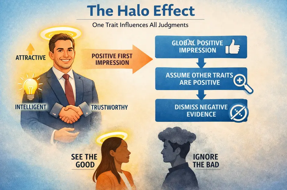 Diagram showing how the halo effect works: one positive trait creates a positive first impression, leading to a global positive impression, assumption that other traits are positive, and dismissal of negative evidence