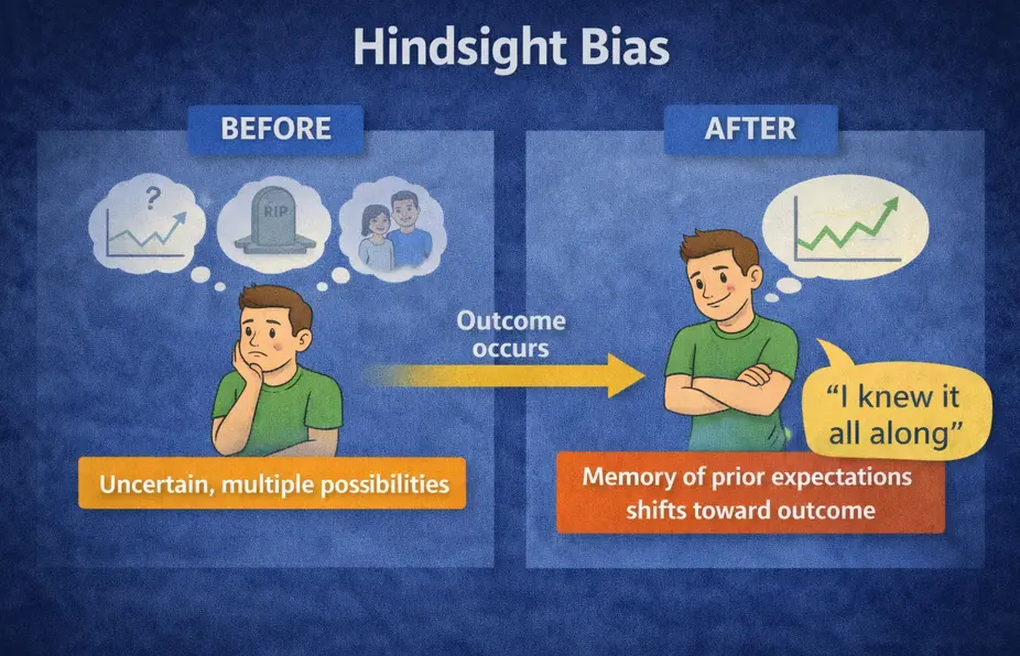 Diagram showing hindsight bias: before an outcome the person holds multiple uncertain possibilities, but once the outcome occurs their memory of prior expectations shifts toward it, producing the 'I knew it all along' effect