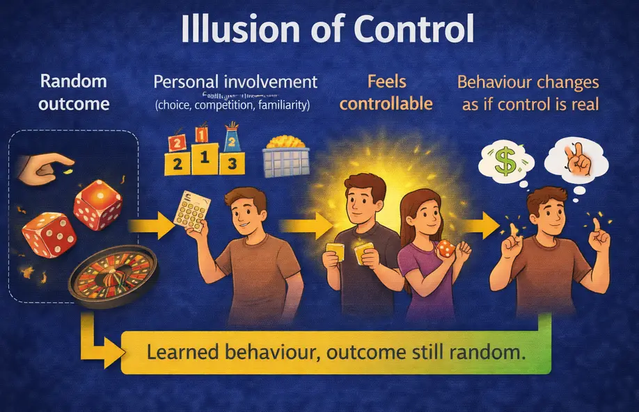 Diagram showing the illusion of control: a random outcome gains personal involvement through choice, competition and familiarity, which makes it feel controllable, causing behaviour to change as if control is real — but the outcome remains random
