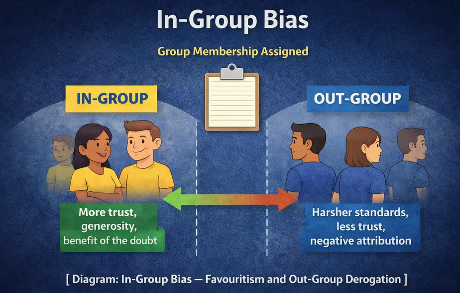 Diagram showing in-group bias: group membership assigned leads to in-group receiving more trust, generosity and benefit of the doubt, while out-group receives harsher standards, less trust and negative attribution