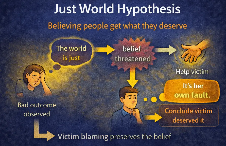 Diagram showing the just world hypothesis: a bad outcome is observed, which threatens the belief that the world is just, triggering two responses — help the victim or conclude the victim deserved it — with victim blaming preserving the belief