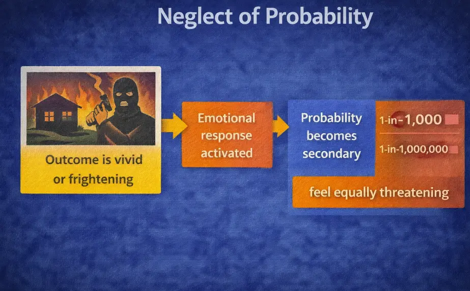 Diagram showing neglect of probability: when an outcome is vivid or frightening, an emotional response is activated, probability becomes secondary, and a 1-in-1,000 and 1-in-1,000,000 chance feel equally threatening
