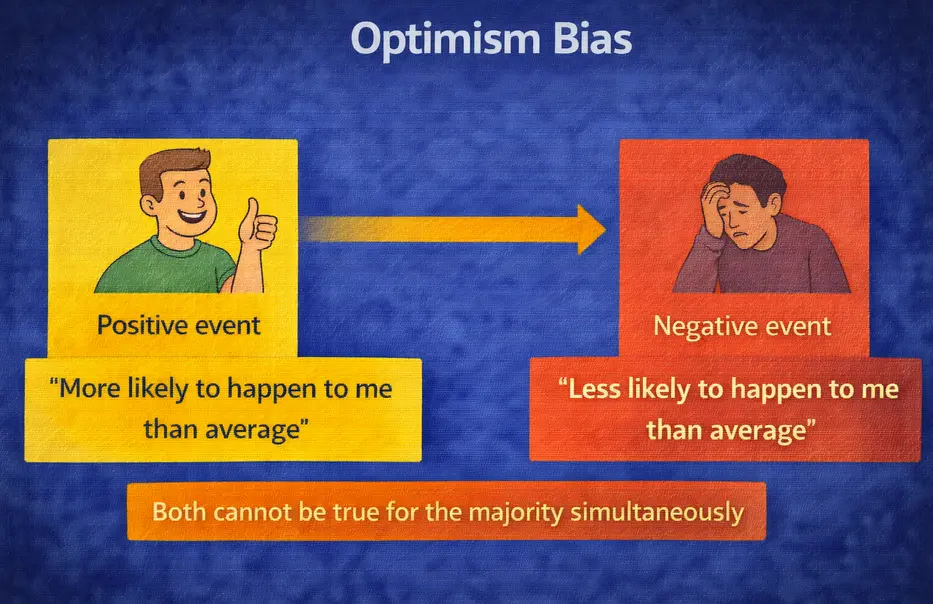 Diagram showing optimism bias: positive events are judged as more likely to happen to me than average, while negative events are judged as less likely to happen to me than average — but both cannot be true for the majority simultaneously
