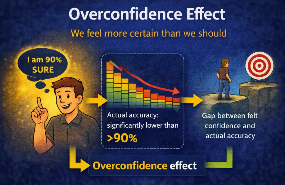 Diagram showing the overconfidence effect: a person says 'I am 90% sure', but actual accuracy is significantly lower than 90%, creating a gap between felt confidence and actual accuracy — the overconfidence effect