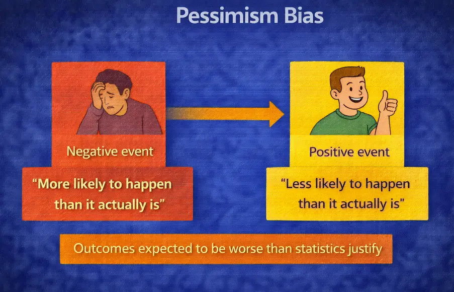 Diagram showing pessimism bias: negative events are judged as more likely to happen than they actually are, while positive events are judged as less likely to happen than they actually are — so outcomes are expected to be worse than the statistics justify