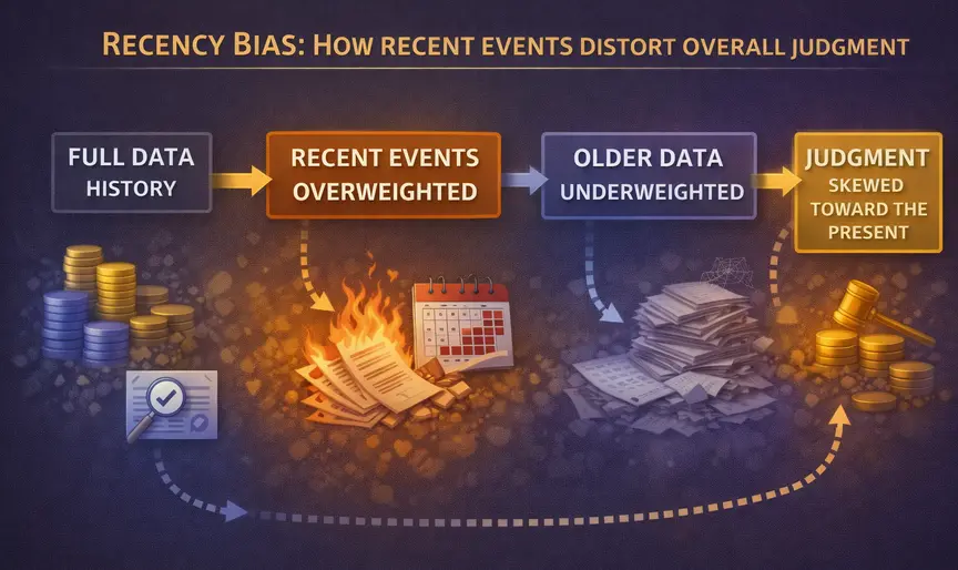 Diagram showing how recency bias works: Full Data History leads to Recent Events Overweighted, then Older Data Underweighted, resulting in Judgment Skewed Toward the Present