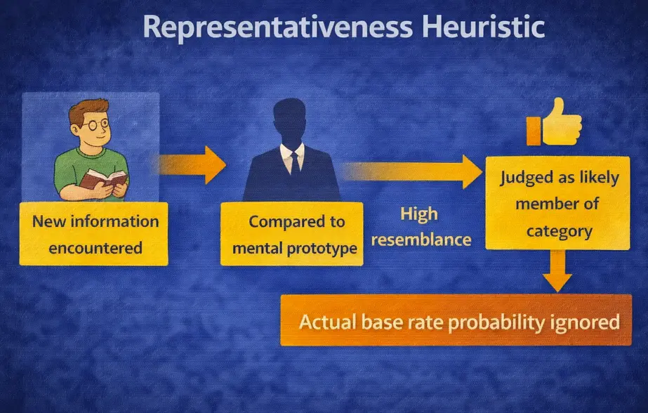Diagram showing the representativeness heuristic: new information is encountered, compared to a mental prototype, high resemblance leads to being judged as a likely member of the category, and the actual base rate probability is ignored