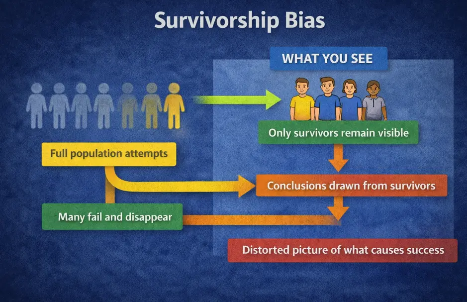 Diagram showing survivorship bias: a full population attempts something, many fail and disappear, only survivors remain visible, conclusions are drawn from survivors only, producing a distorted picture of what causes success