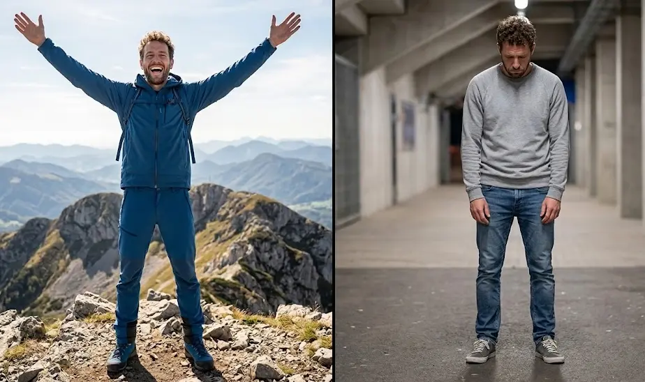 Side-by-side showing arms raised V-shape in triumph versus contracted posture in defeat with slumped shoulders