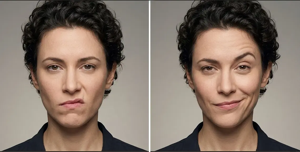 Asymmetrical mouth expressions showing contempt smirk and sarcastic lopsided smile in body language