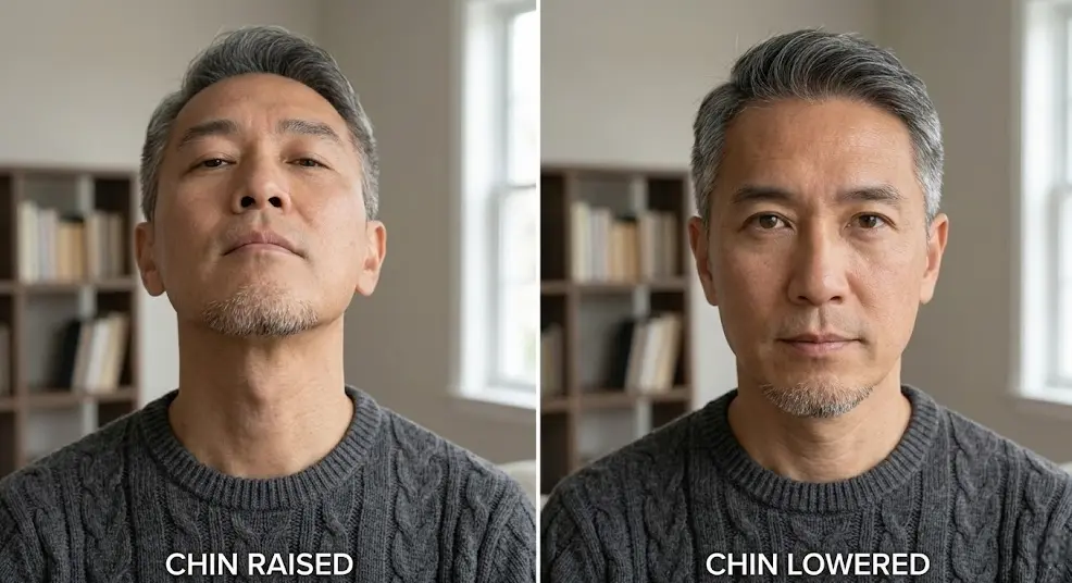 Side-by-side comparison of the same person showing chin raised in a dominant posture on the left versus chin lowered in a submissive neutral position on the right