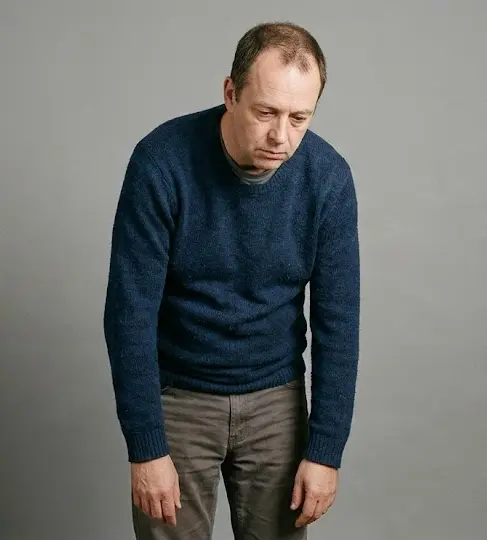 Person displaying collapsed posture — shoulders forward, chest caved, body made small