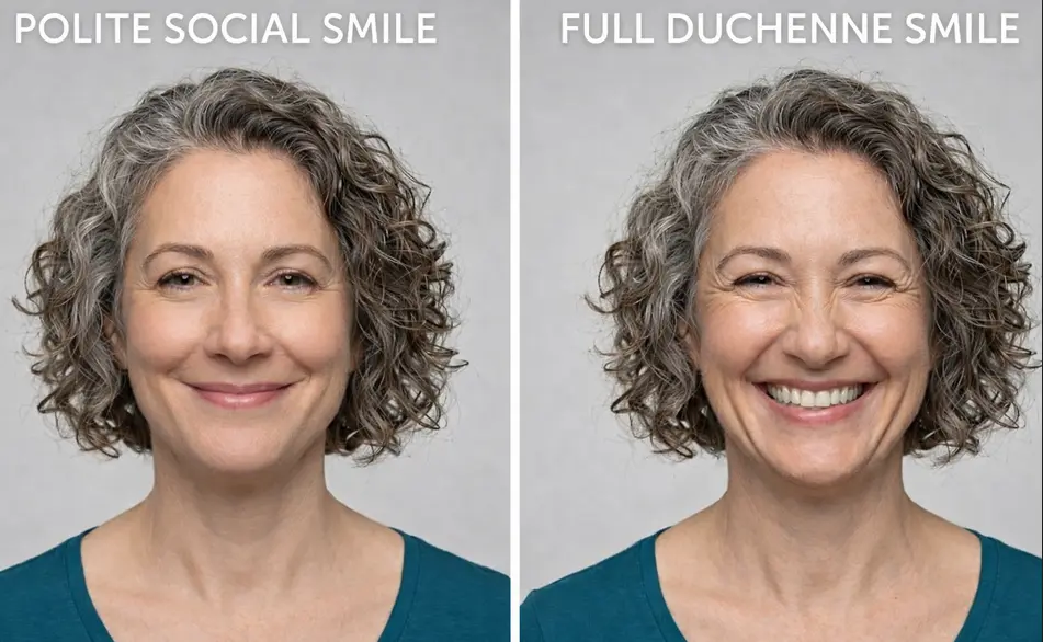 Comparison of genuine Duchenne smile with eye crinkle versus polite social smile without eye engagement