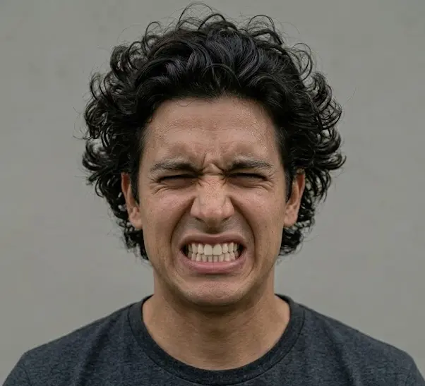 Person displaying a genuine facial grimace — eyes tightly shut, brow furrowed, nose wrinkled, and mouth tensed showing authentic pain expression