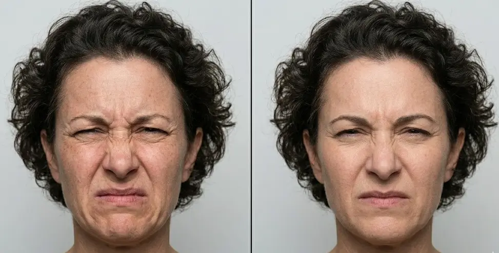 Side-by-side comparison of genuine pain grimace with asymmetric tension and tightly shut eyes versus performed grimace with more symmetric and controlled expression