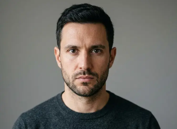 Person with direct, sustained, unblinking eye contact — fixed stare body language conveying intensity, dominance, or threat