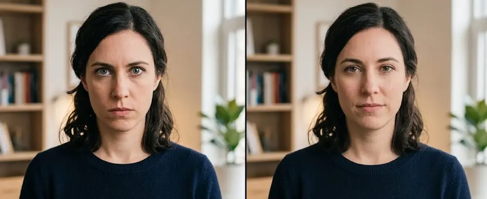 Side-by-side comparison: left showing a direct, cold, hard fixed stare with set jaw and neutral-hostile expression; right showing normal conversational eye contact with relaxed expression — contrast between threat stare and normal gaze