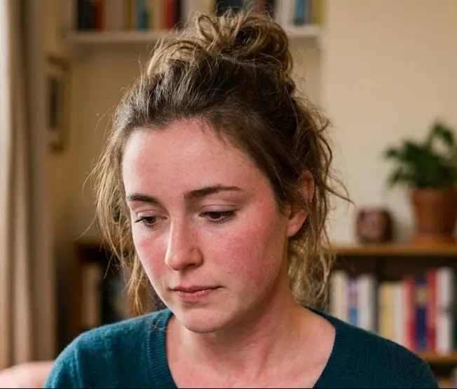 Woman with flushed cheeks and downcast gaze showing embarrassment flushing