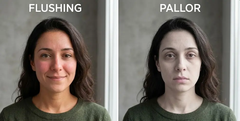 Side by side comparison of flushing versus pallor facial responses