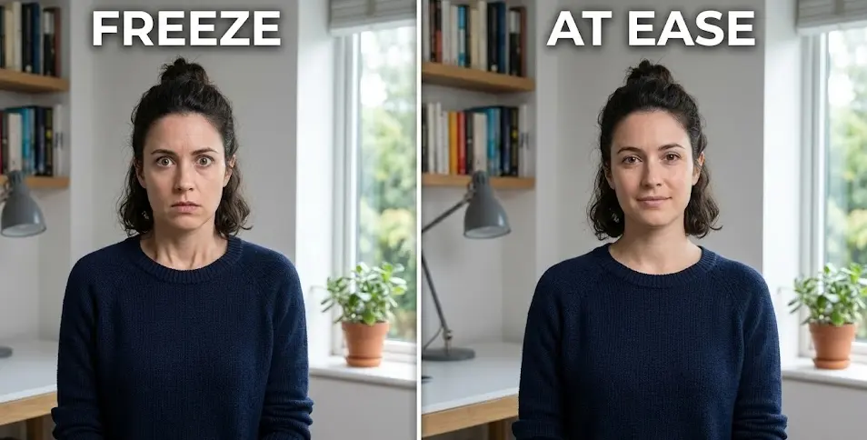Side-by-side comparison: left showing a person in a clear freeze response — rigid, still, tense, staring; right showing the same person in a relaxed, at-ease posture — contrasting freeze and baseline