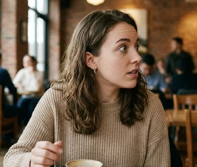 Woman mid head turn in café, eyes wide and alert — orienting response body language