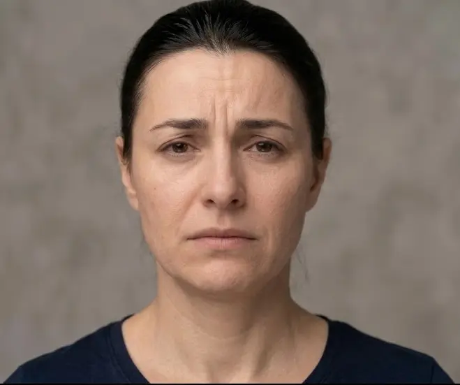 Close-up of a person's face showing a clear inner brow raise — the inner corners of the eyebrows pulled upward and together, creating an oblique brow shape and vertical crease between the brows, expression conveying sadness or distress