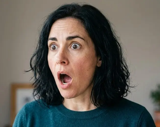 Person displaying a genuine jaw drop in body language — mouth open, eyebrows raised, wide eyes showing authentic shock or surprise