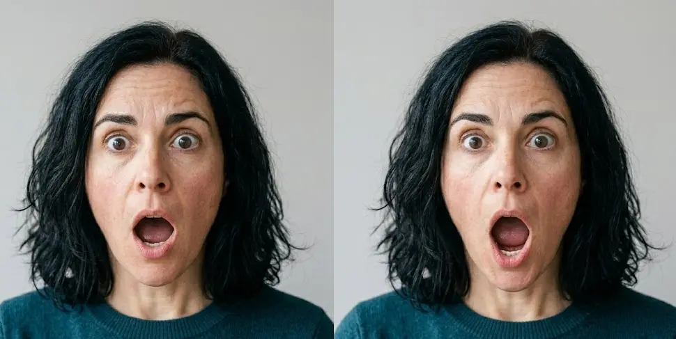 Side-by-side comparison of genuine jaw drop with wide engaged eyes versus performed jaw drop with flat eyes and exaggerated mouth opening