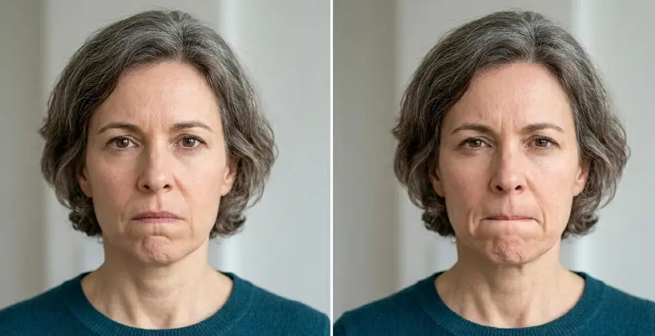 Side-by-side comparison of mild lip compression showing stress or withheld opinion versus full disappearing lips showing extreme psychological discomfort