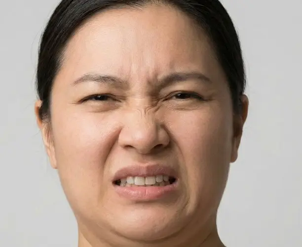 Person showing nose wrinkle disgust expression in body language