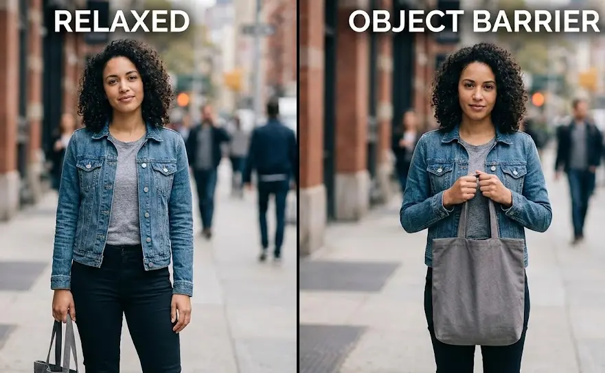 Side-by-side comparison of relaxed posture versus object barrier body language
