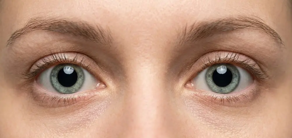 Close-up of eyes with clearly dilated pupils — large dark pupils against light iris, signaling high emotional arousal or strong interest