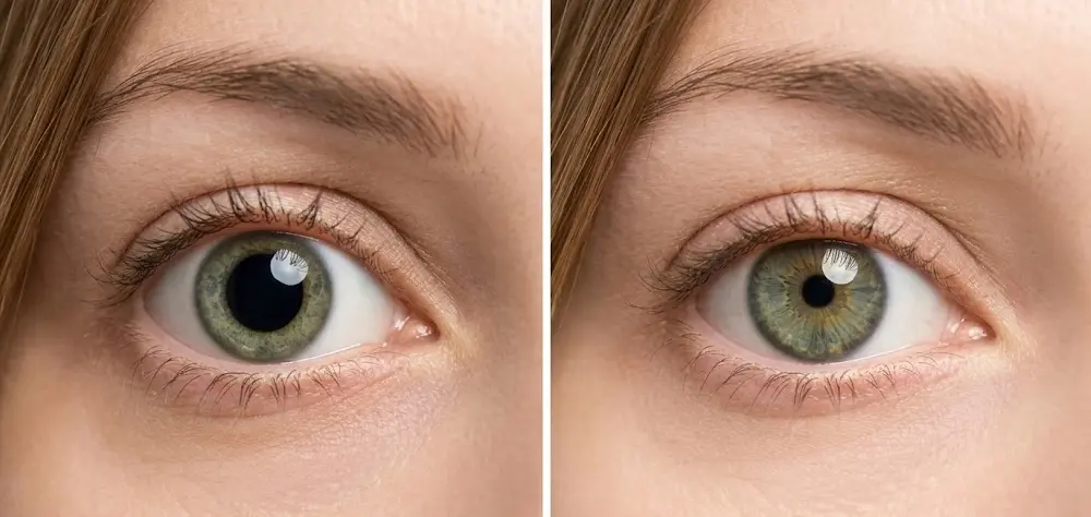 Side-by-side comparison of the same eyes showing dilated pupils on the left versus constricted pupils on the right — demonstrating the full range of pupil response to emotional engagement and disengagement