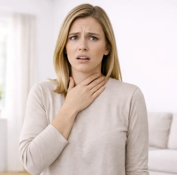 Woman placing hand at throat and suprasternal notch, expression distressed and uncertain — self-touch pacifying behavior under stress