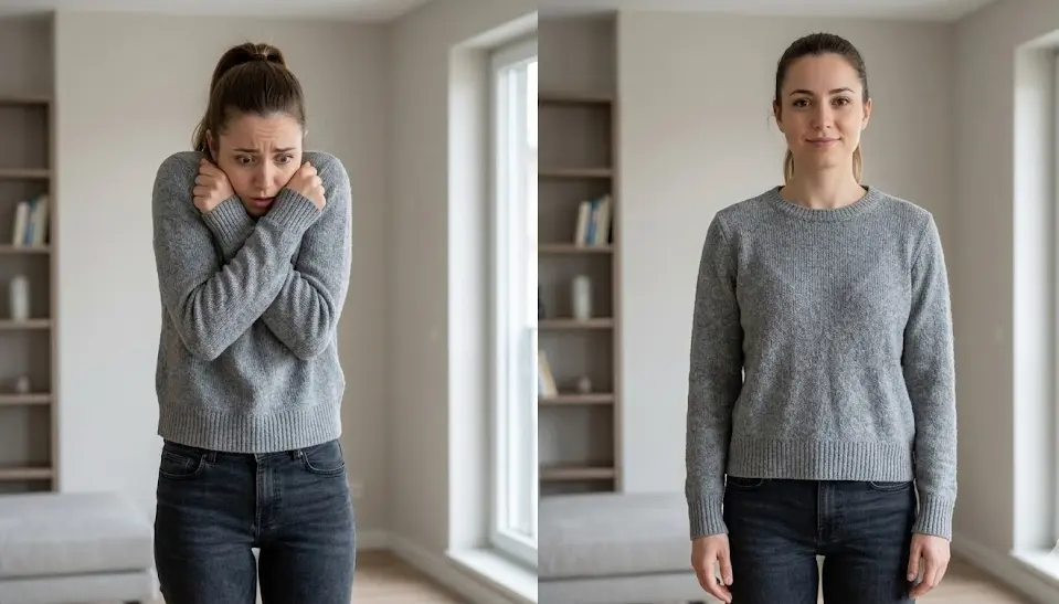 Side-by-side showing person in full startle response with contracted body, raised shoulders and closed eyes versus relaxed composed posture