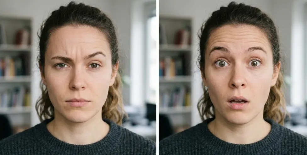 Side-by-side showing unilateral brow raise with one eyebrow lifted in skepticism versus bilateral brow raise with both eyebrows raised in surprise